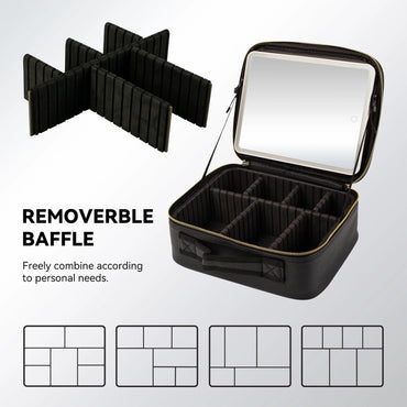 Make-up bag mit beleuchtetem Spiegel, Aufbewahrungset und verstellbaren Trennwänden (Schwarz)