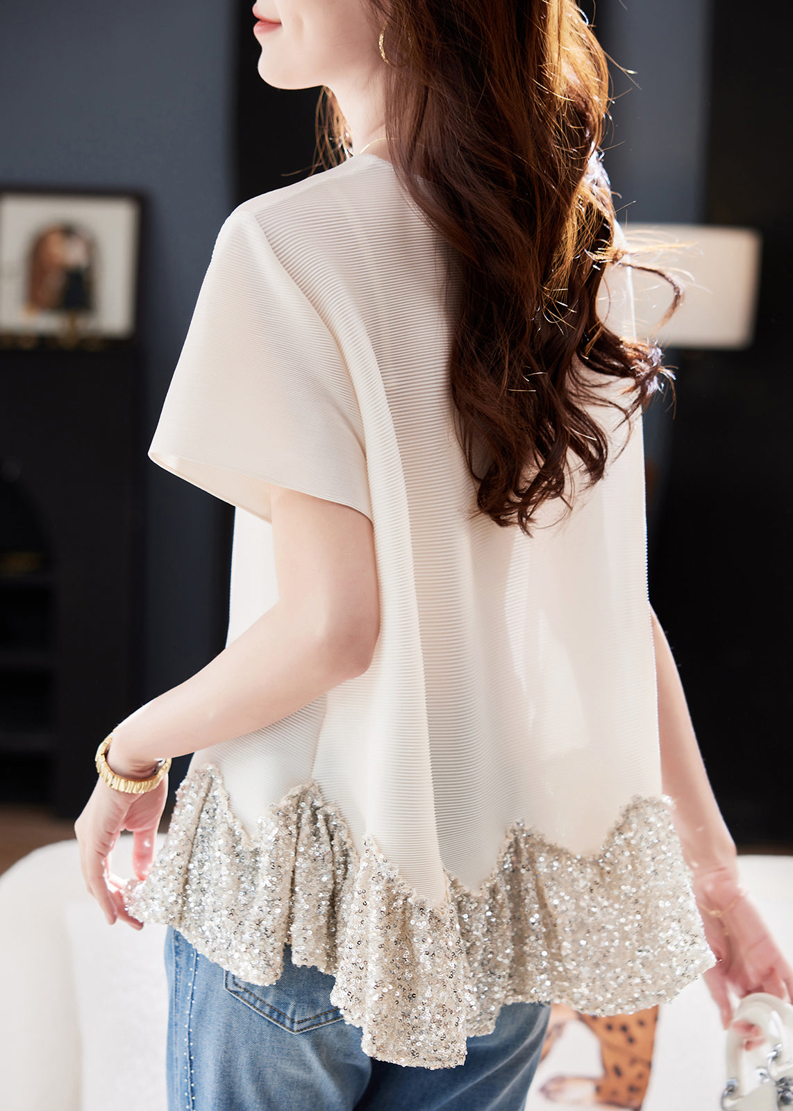 Boho Kurzarm Aprikosen O-Ausschnitt Pailletten Patchwork
