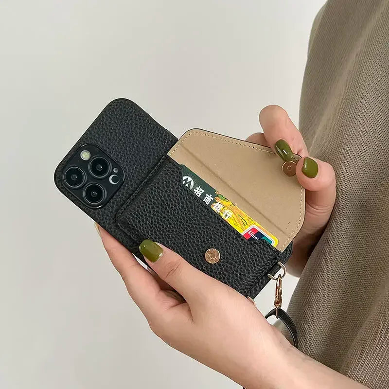 Leder Kartenetui mit Umhängeband für iPhone