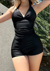 Sexy schwarze hochgeschnittene V-Ausschnitt Halter-Bikini-Sets