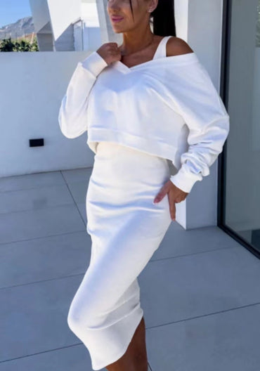 Wickelkleid und V-Ausschnitt Sweatshirt Set