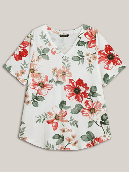 Buntes Blumenmuster V-Ausschnitt T-Shirt
