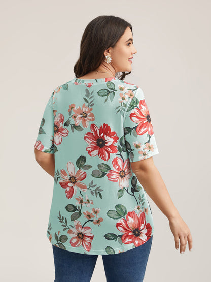 Buntes Blumenmuster V-Ausschnitt T-Shirt