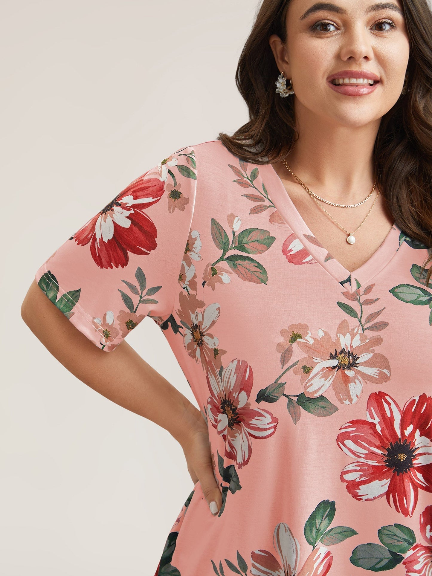 Buntes Blumenmuster V-Ausschnitt T-Shirt