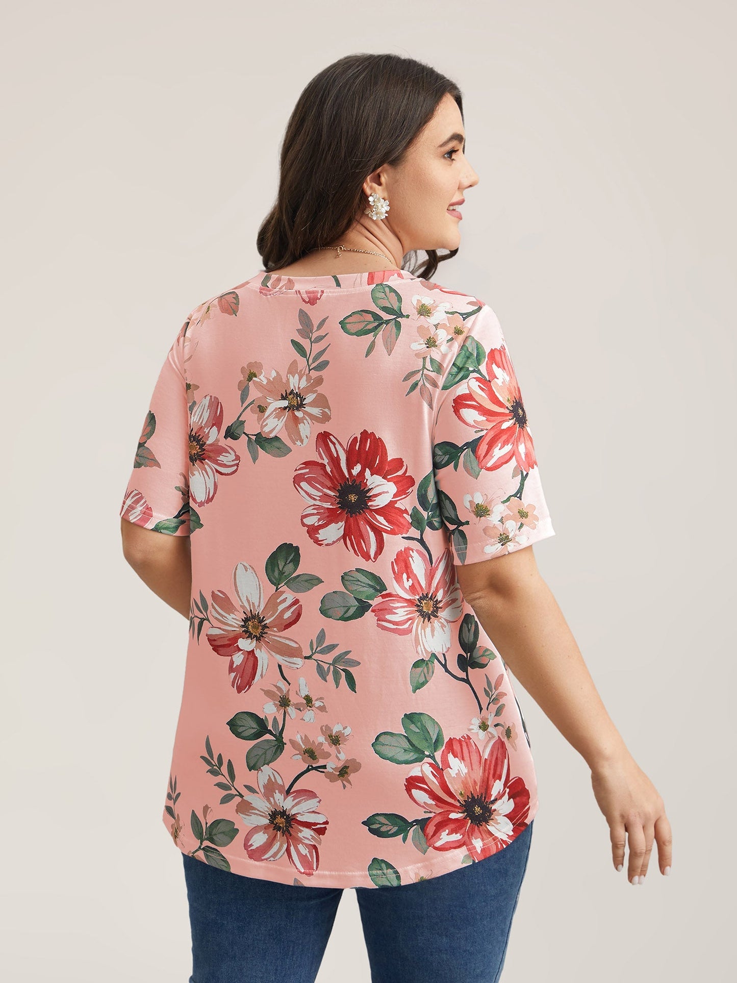 Buntes Blumenmuster V-Ausschnitt T-Shirt