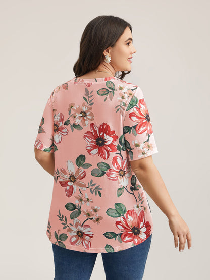 Buntes Blumenmuster V-Ausschnitt T-Shirt