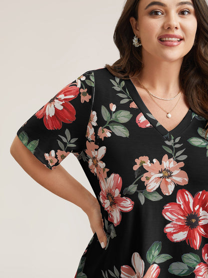 Buntes Blumenmuster V-Ausschnitt T-Shirt