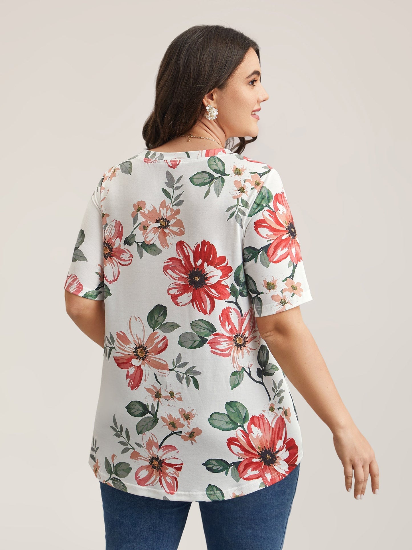 Buntes Blumenmuster V-Ausschnitt T-Shirt