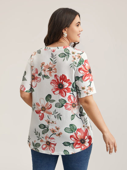 Buntes Blumenmuster V-Ausschnitt T-Shirt