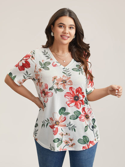 Buntes Blumenmuster V-Ausschnitt T-Shirt