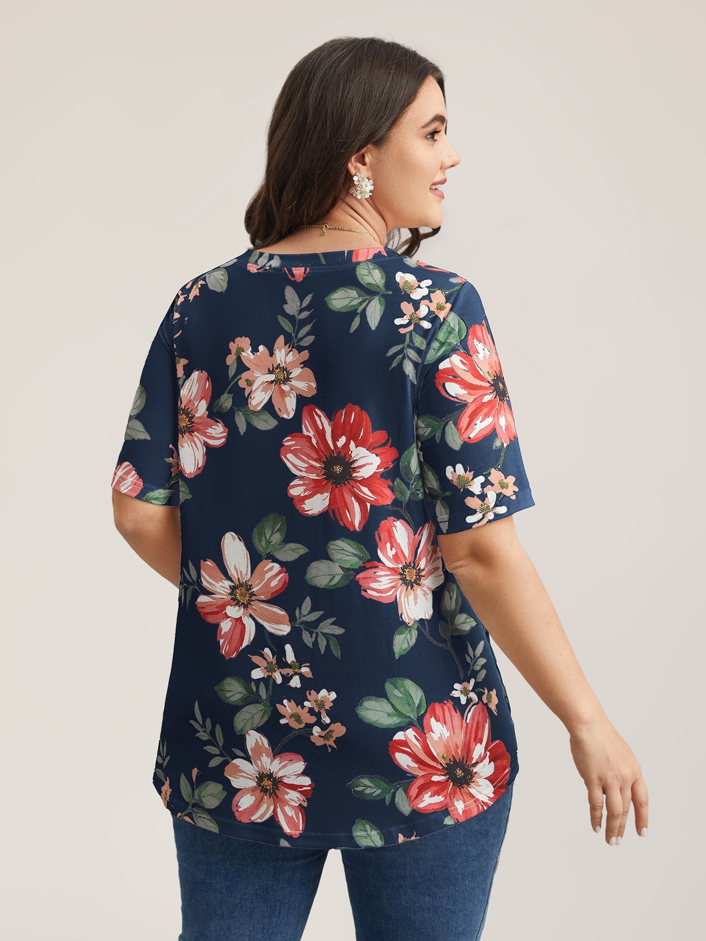 Buntes Blumenmuster V-Ausschnitt T-Shirt