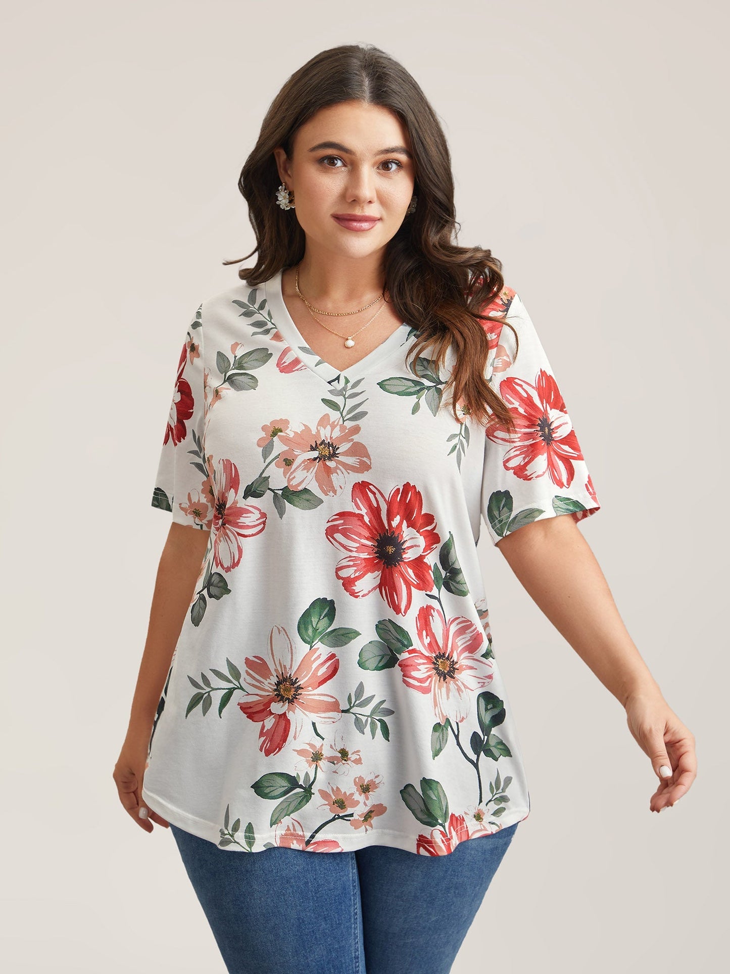 Buntes Blumenmuster V-Ausschnitt T-Shirt