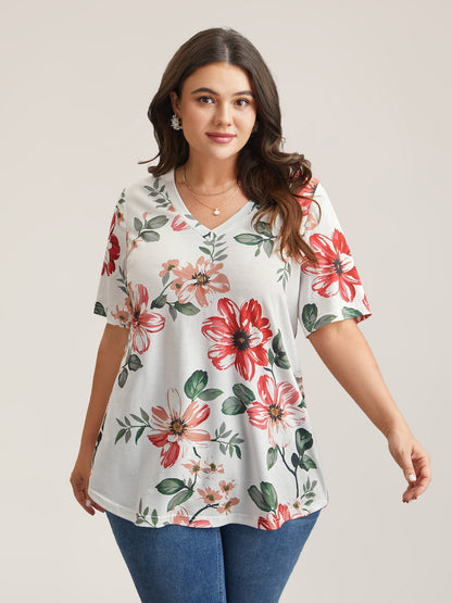 Buntes Blumenmuster V-Ausschnitt T-Shirt