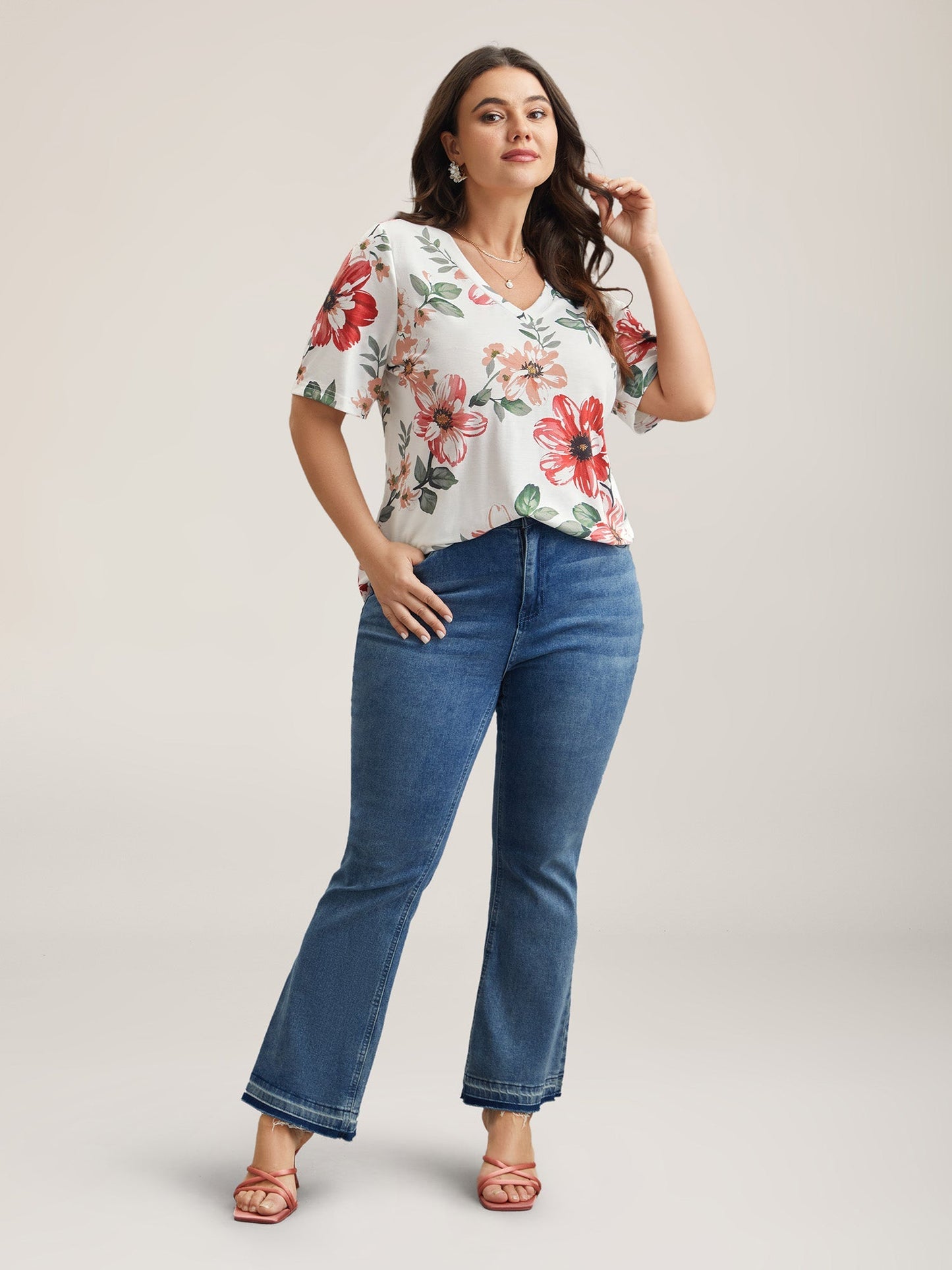 Buntes Blumenmuster V-Ausschnitt T-Shirt