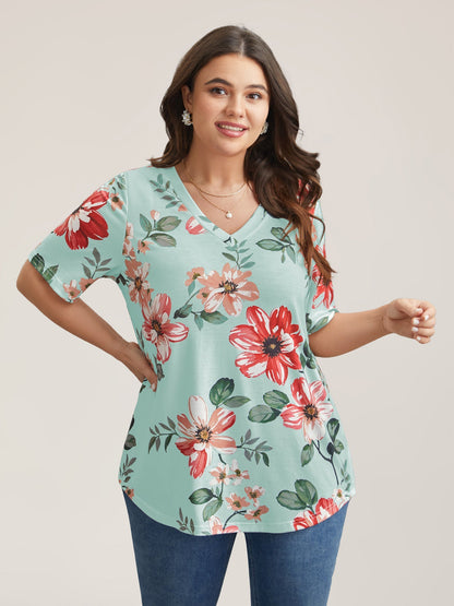 Buntes Blumenmuster V-Ausschnitt T-Shirt