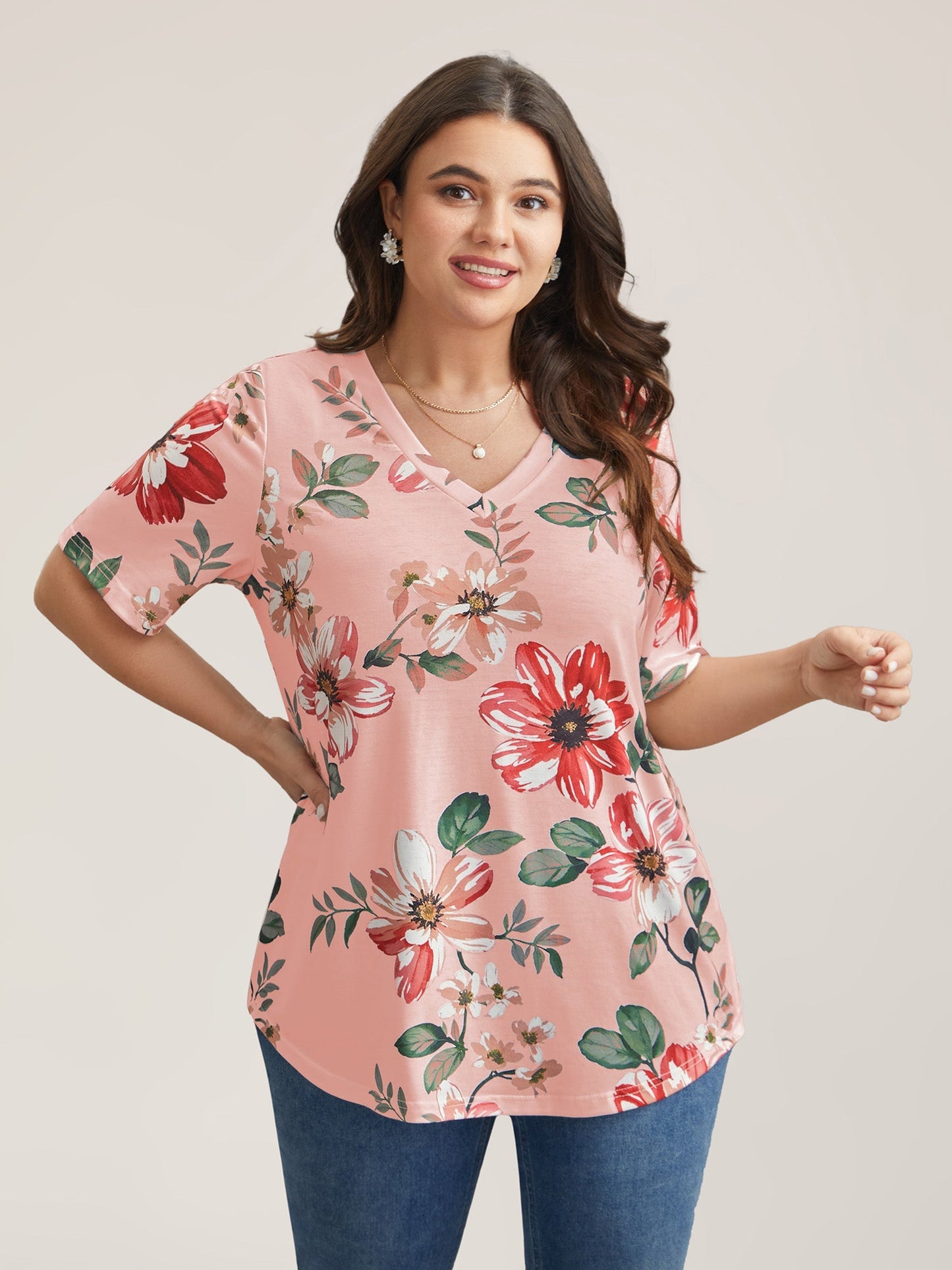 Buntes Blumenmuster V-Ausschnitt T-Shirt