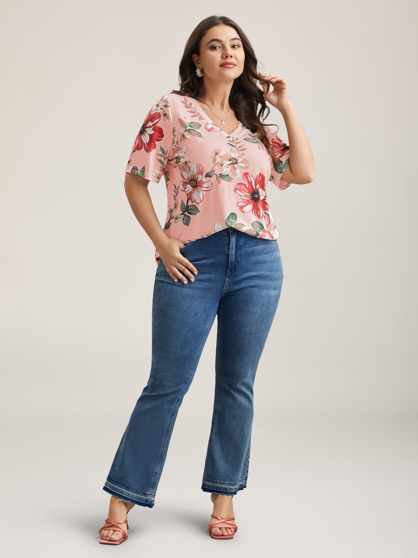 Buntes Blumenmuster V-Ausschnitt T-Shirt