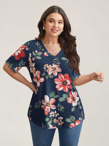 Buntes Blumenmuster V-Ausschnitt T-Shirt
