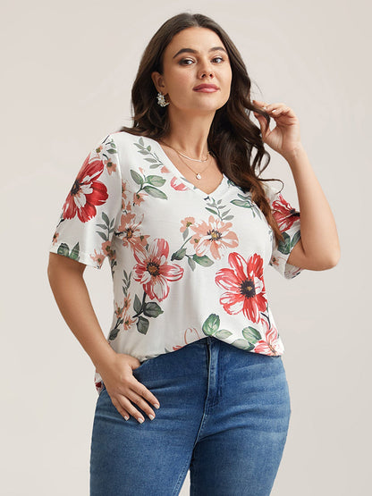 Buntes Blumenmuster V-Ausschnitt T-Shirt