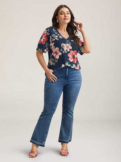 Buntes Blumenmuster V-Ausschnitt T-Shirt
