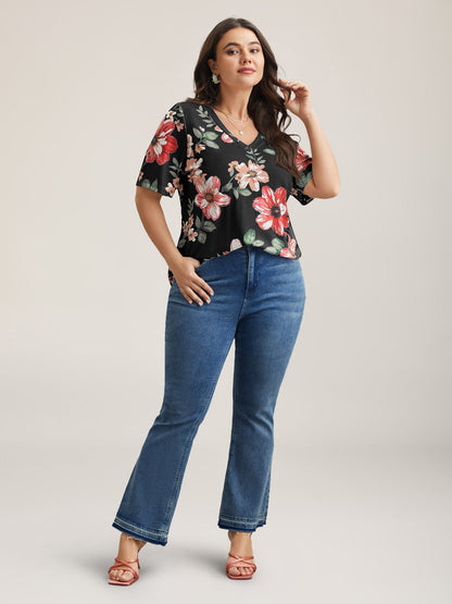 Buntes Blumenmuster V-Ausschnitt T-Shirt