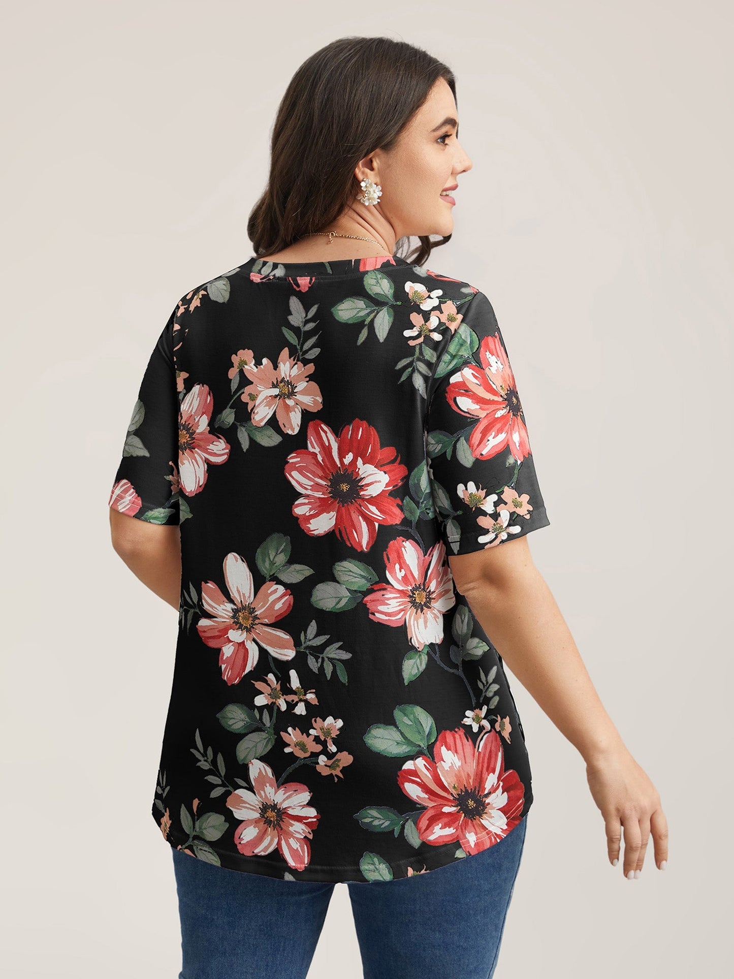 Buntes Blumenmuster V-Ausschnitt T-Shirt
