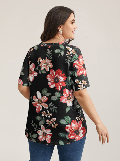 Buntes Blumenmuster V-Ausschnitt T-Shirt