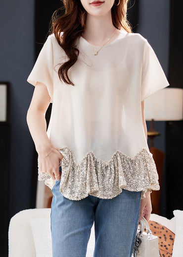 Boho Kurzarm Aprikosen O-Ausschnitt Pailletten Patchwork