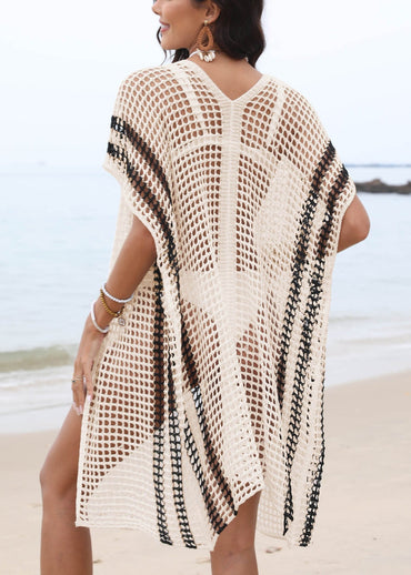Boho Weiß Hohes Strand-Bikini Strick-Cover-Up