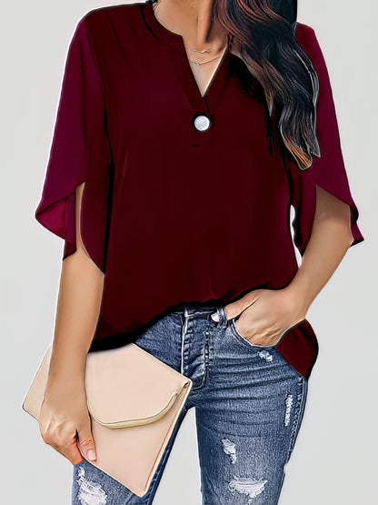 Lässige V-Ausschnitt Kurzarm Chiffon-Bluse
