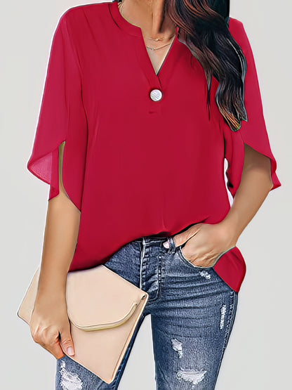 Lässige V-Ausschnitt Kurzarm Chiffon-Bluse